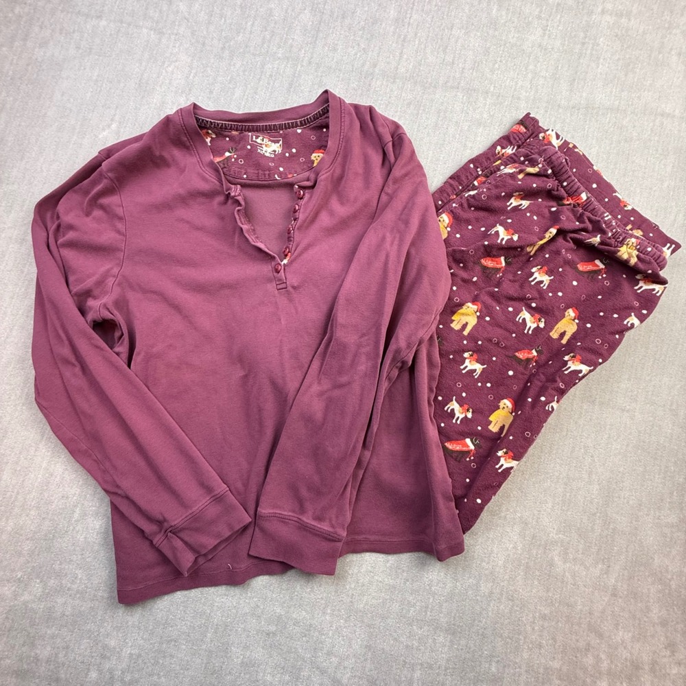 LL Bean Womens XL Pajama Set Purple Henley Top Holiday Dog Print Pants 2 Piece